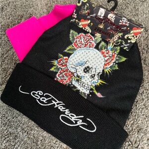 Ed Hardy Skull Beanie Set - Black and Pink